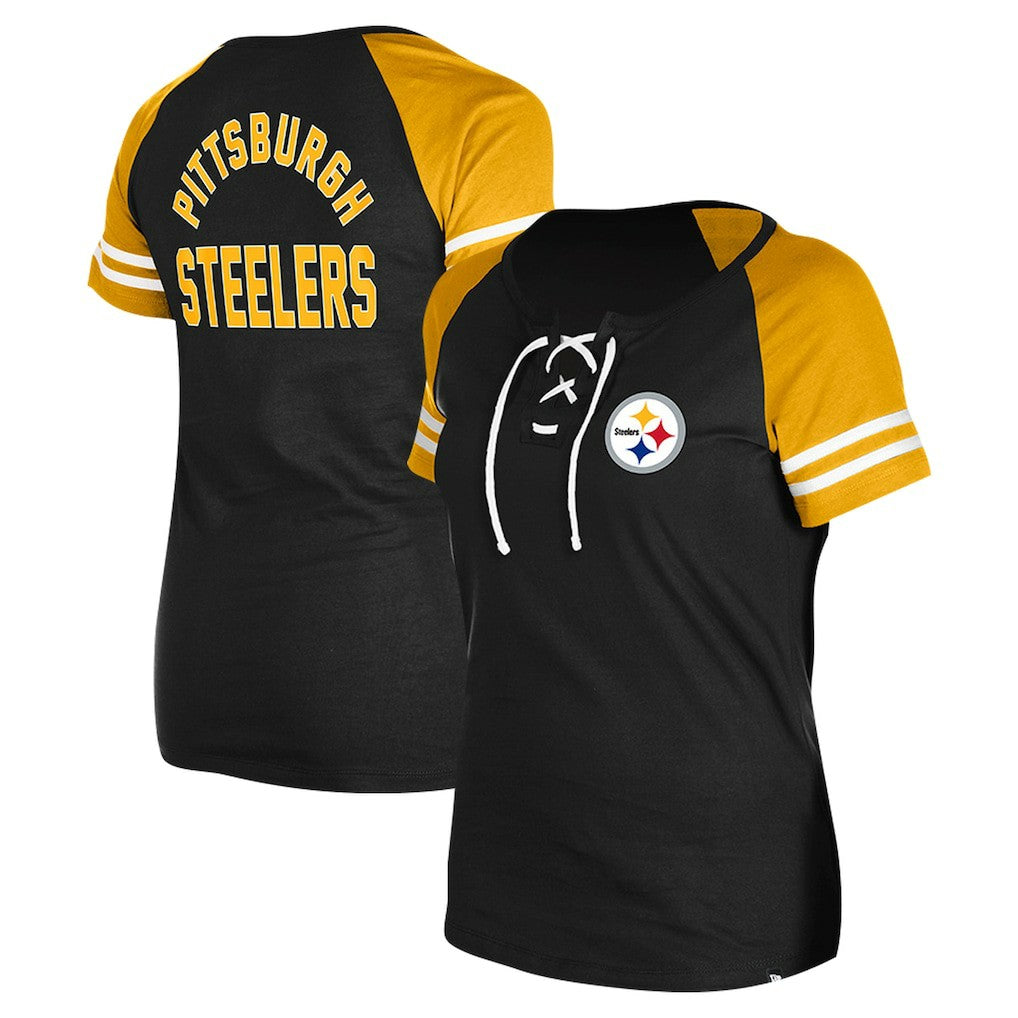 Pittsburgh Steelers New Era Women's Lace-Up Raglan T-Shirt Black - NFL