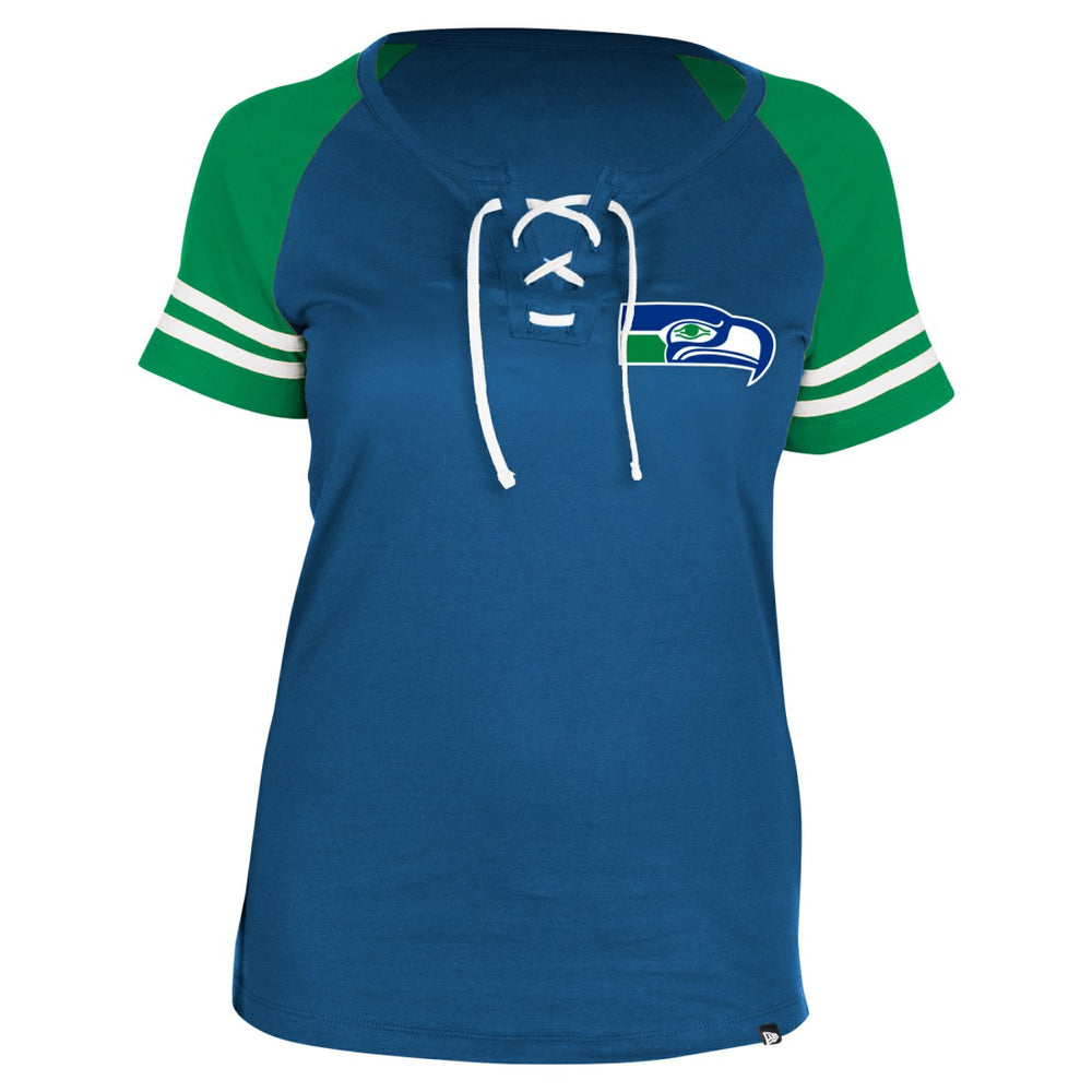 Seattle Seahawks New Era Women's Throwback Lace-Up Raglan T-Shirt Royal - NFL