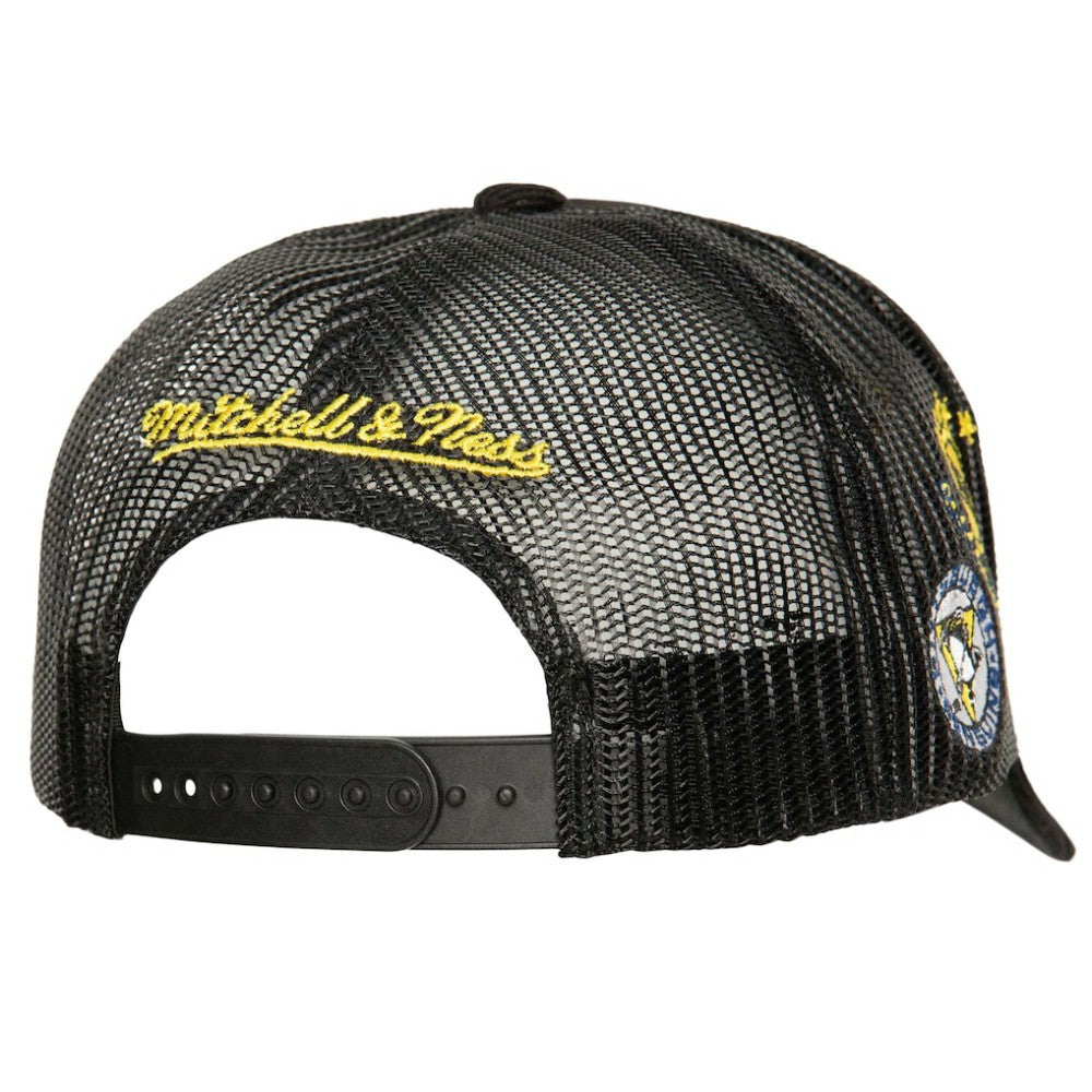 Pittsburgh Penguins Mitchell & Ness Times Up Classic Script Cord Trucker Adjustable Hat Black