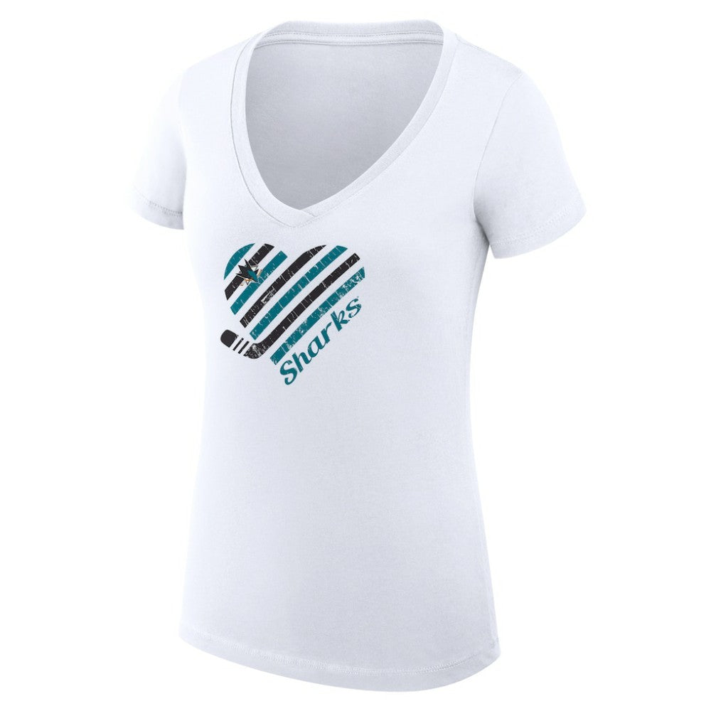 San Jose Sharks - G-III 4Her by Carl Banks Women's Super-Slim Fit Lightweight Heart V-Neck T-Shirt White