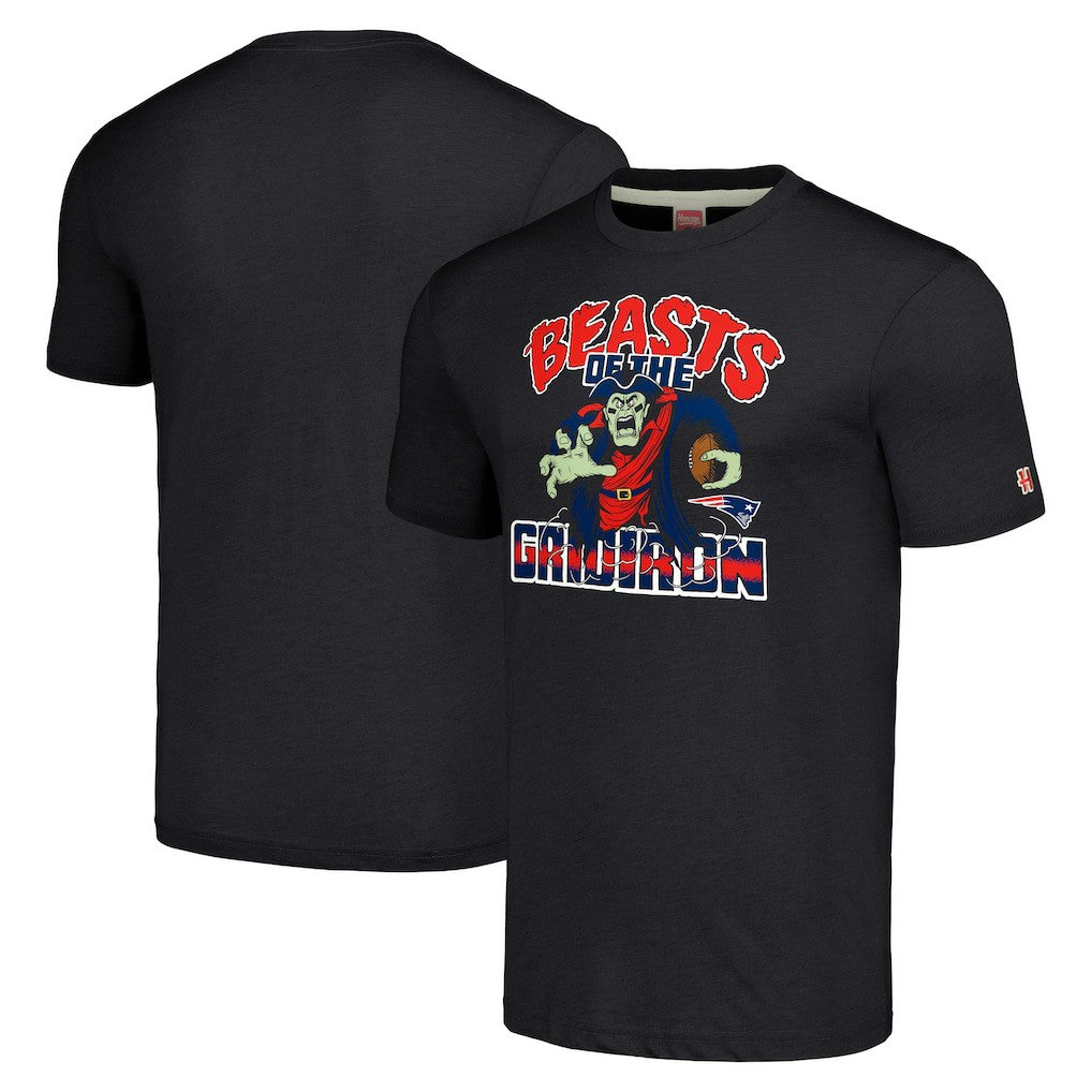 New England Patriots Homage Unisex Monsters of the Gridiron Halloween Tri-Blend T-Shirt Charcoal - NFL