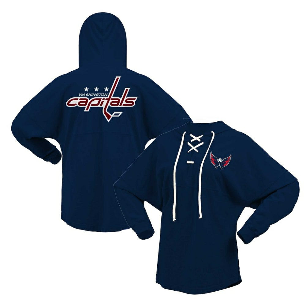Washington Capitals Fanatics Women's Jersey Lace-Up V-Neck Long Sleeve Hoodie T-Shirt Navy