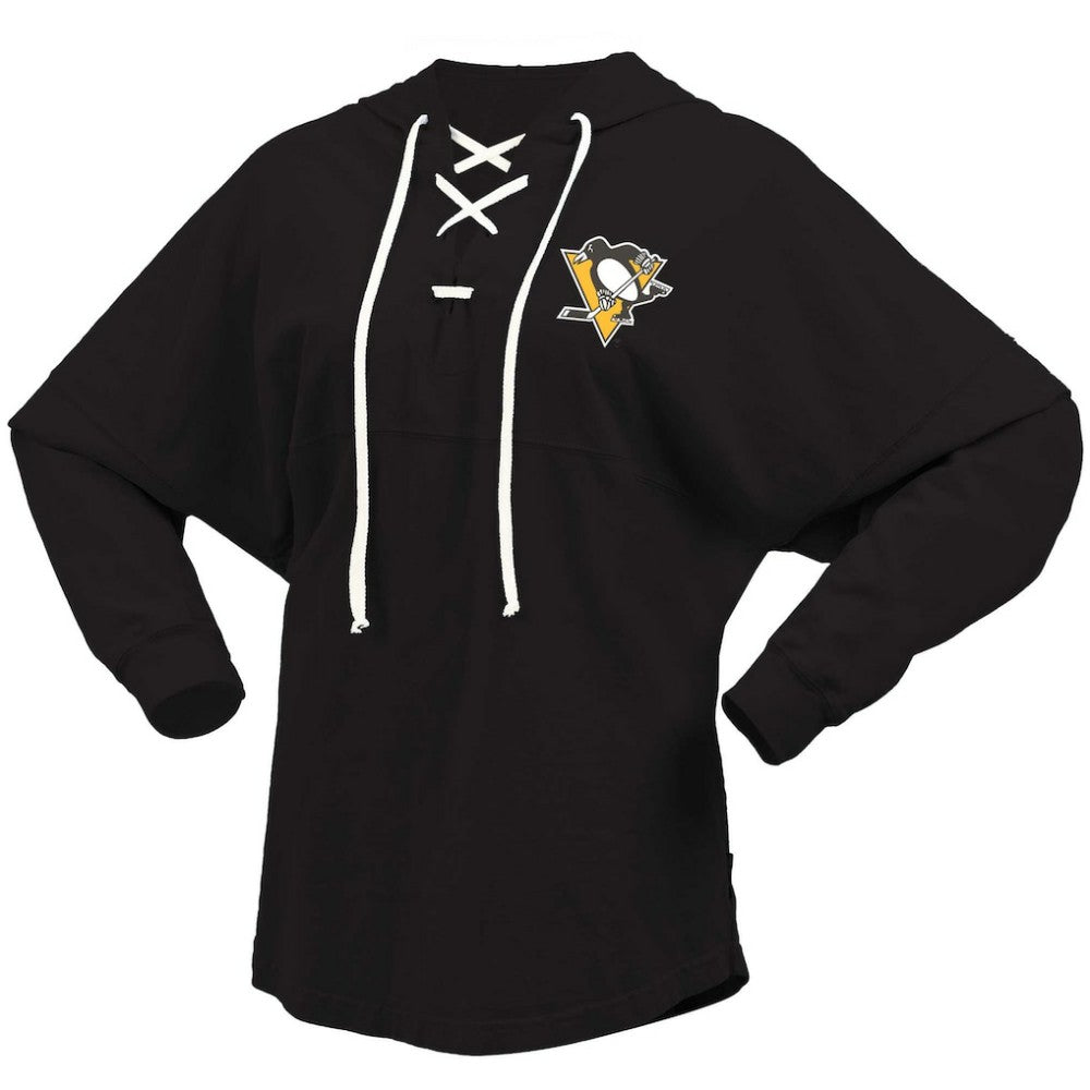 Pittsburgh Penguins Fanatics Women's Jersey Lace-Up V-Neck Long Sleeve Hoodie T-Shirt Black