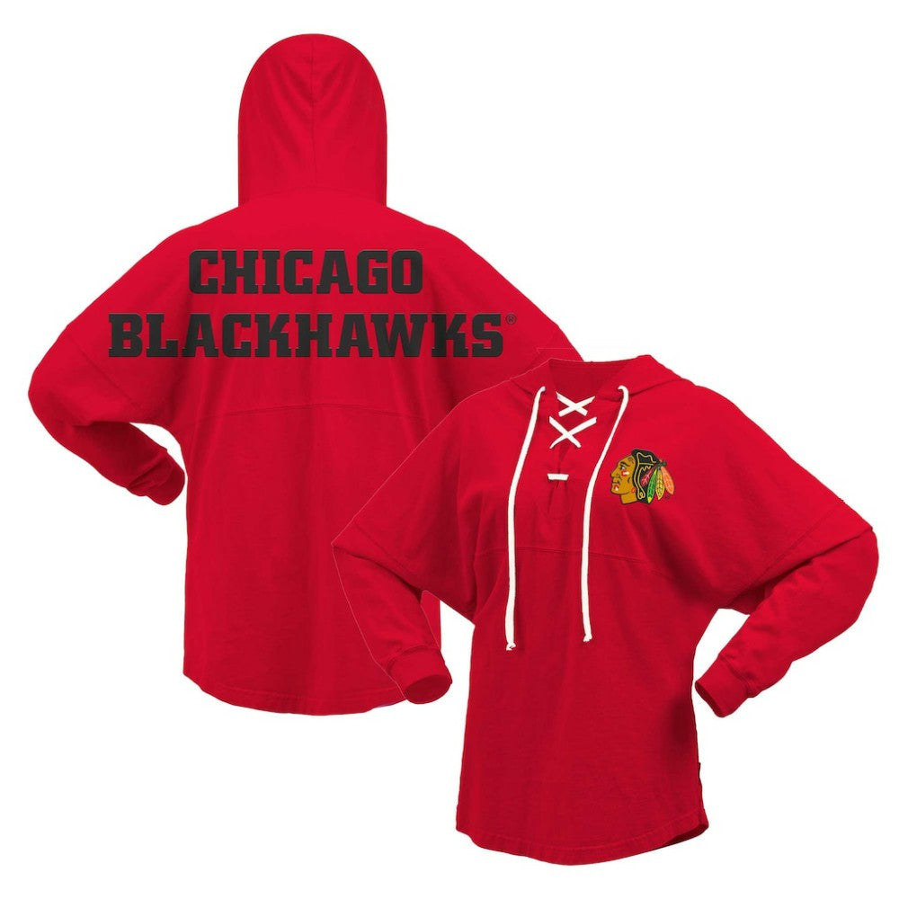 Chicago Blackhawks Fanatics Women's Jersey Lace-Up V-Neck Long Sleeve Hoodie T-Shirt Red