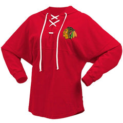 Chicago Blackhawks Fanatics Women's Jersey Lace-Up V-Neck Long Sleeve Hoodie T-Shirt Red