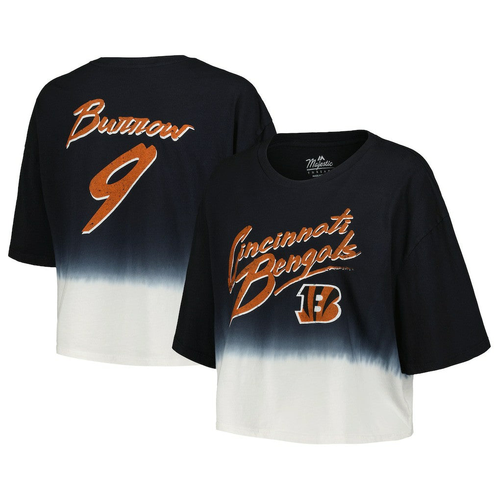 Joe Burrow Cincinnati Bengals Majestic Threads Women's Dip-Dye Player Name & Number Crop Top Black/White - NFL
