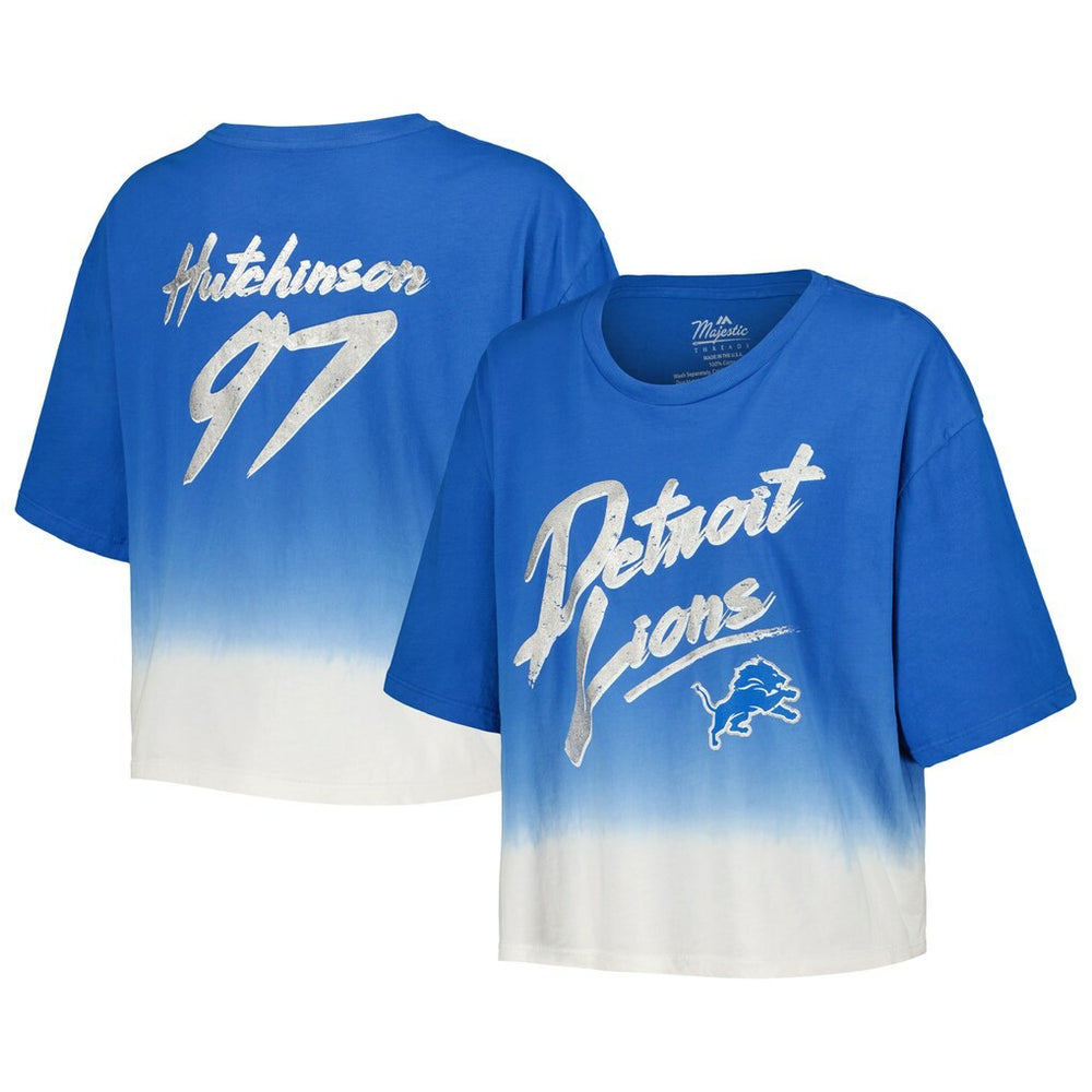 Aidan Hutchinson Detroit Lions Majestic Threads Women's Dip-Dye Player Name & Number Crop Top Blue/White - NFL