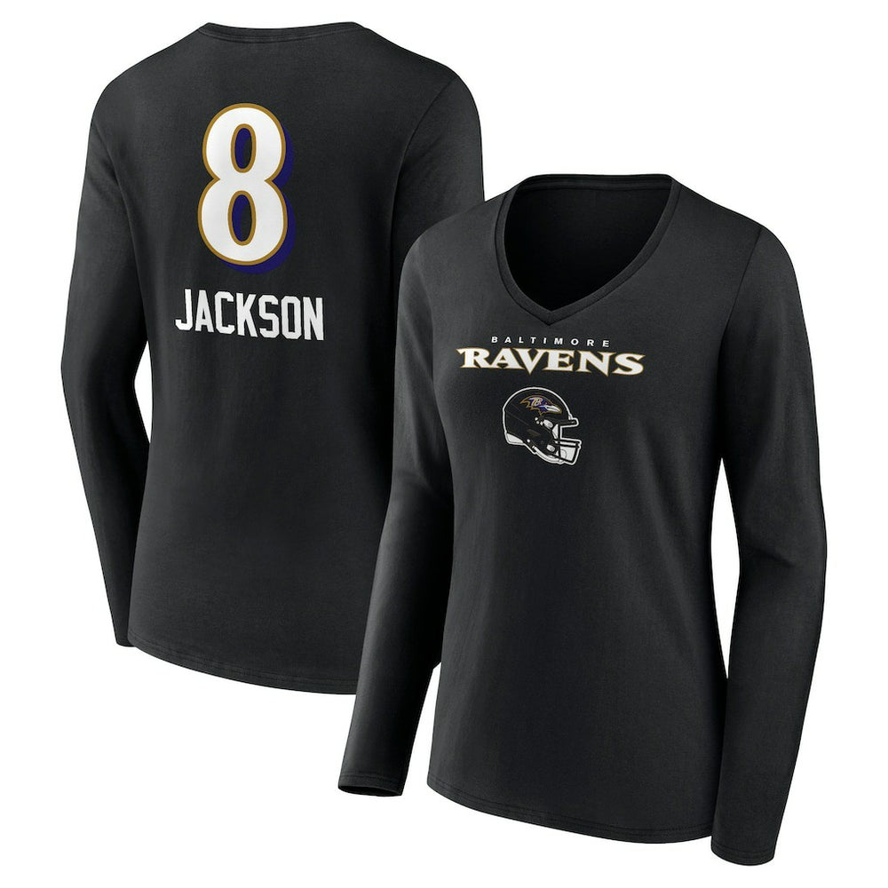 Lamar Jackson Baltimore Ravens Women's Team Wordmark Long Sleeve V-Neck T-Shirt Black - NFL