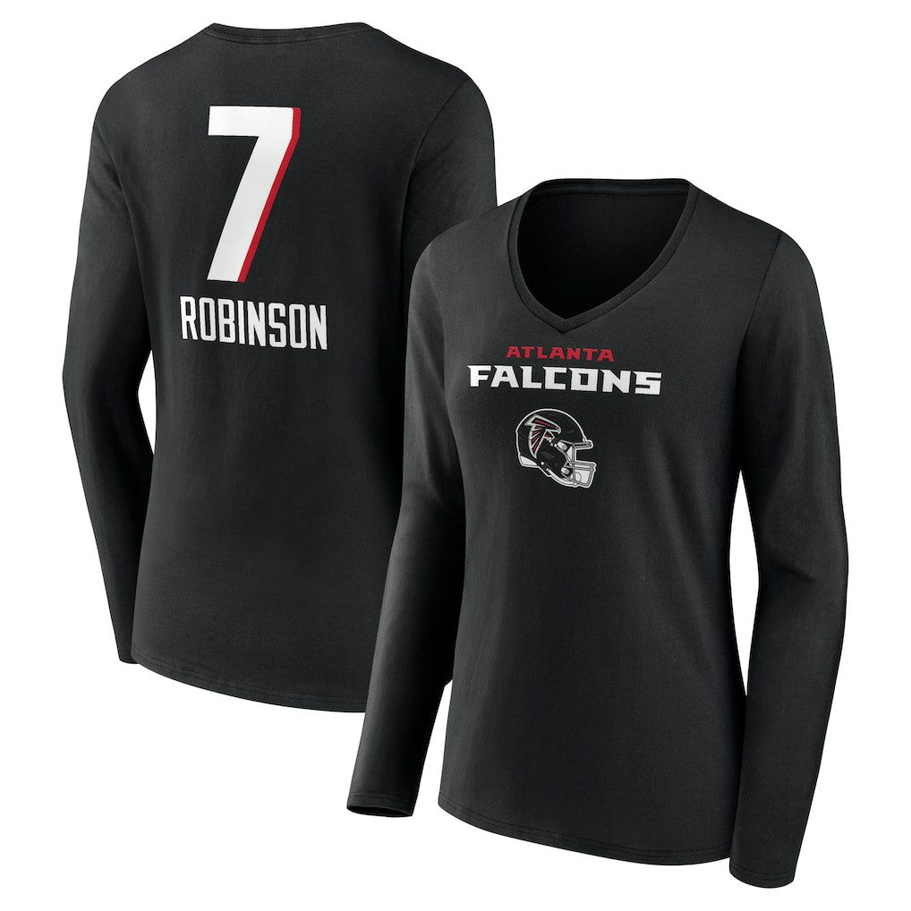 Bijan Robinson Atlanta Falcons Women's Team Wordmark Name & Number Long Sleeve V-Neck T-Shirt Black - NFL