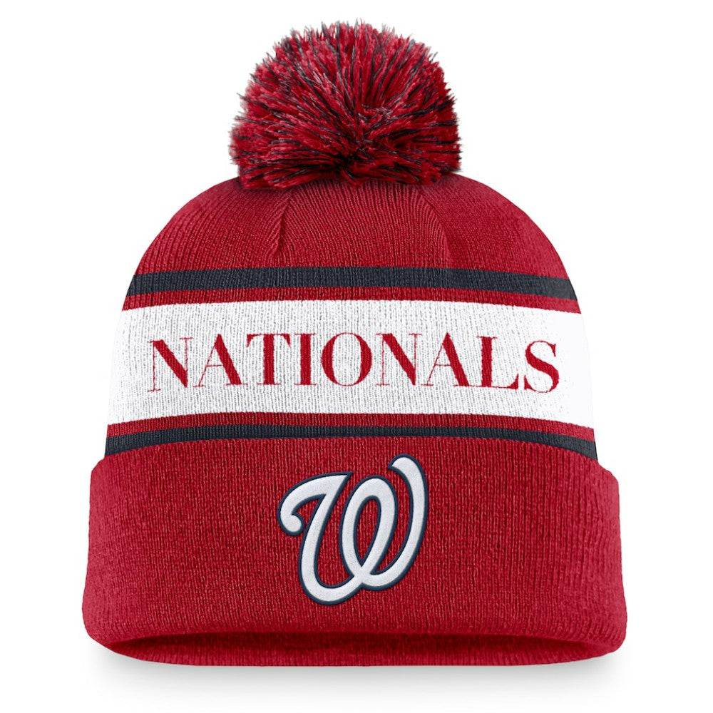 Washington Nationals Nike Team Stripe Peak Cuffed Knit Hat with Pom for sale