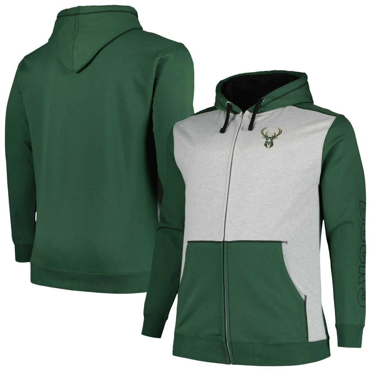 Fanatics - Milwaukee Bucks Big & Tall Contrast Pieced Stitched Full-Zip Hoodie - Hunter Green/Heather Gray