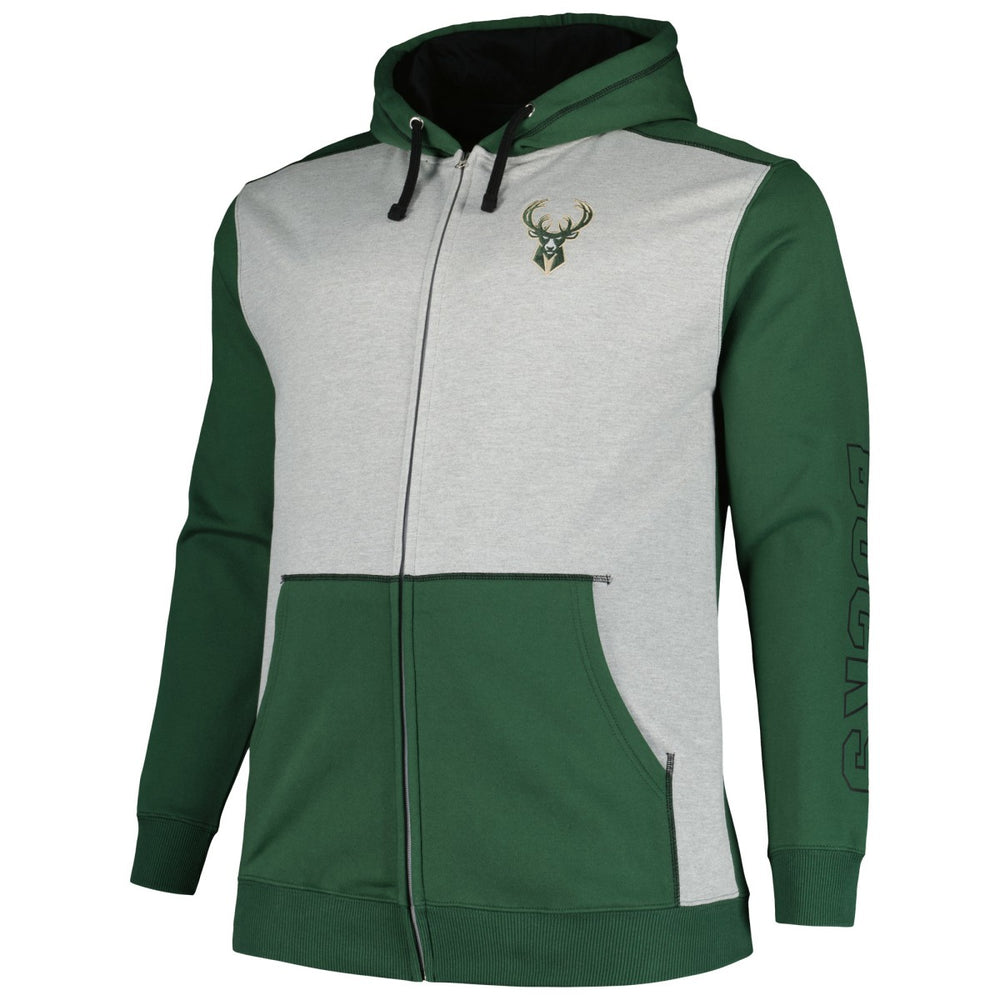 Fanatics - Milwaukee Bucks Big & Tall Contrast Pieced Stitched Full-Zip Hoodie - Hunter Green/Heather Gray