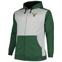 Fanatics - Milwaukee Bucks Big & Tall Contrast Pieced Stitched Full-Zip Hoodie - Hunter Green/Heather Gray