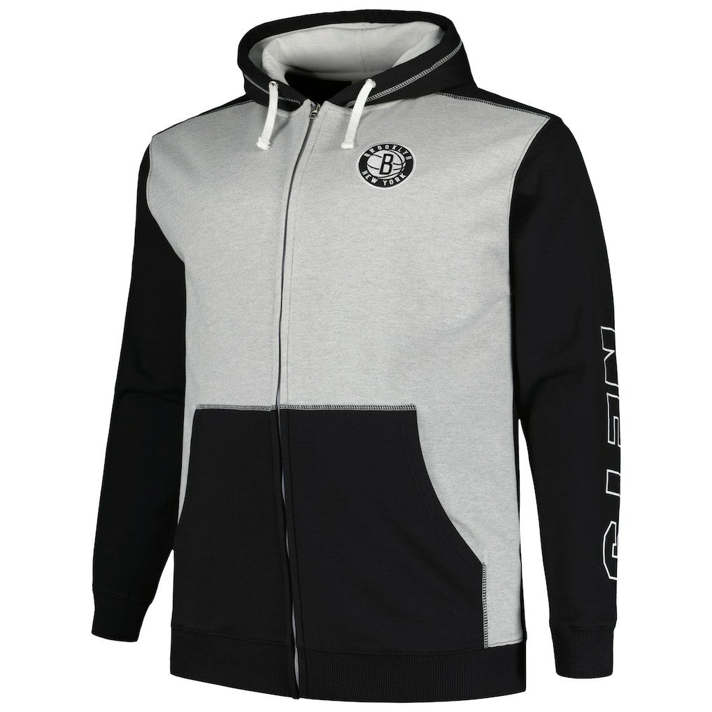 Fanatics - Brooklyn Nets Big & Tall Contrast Pieced Stitched Full-Zip Hoodie - Black/Heather Gray
