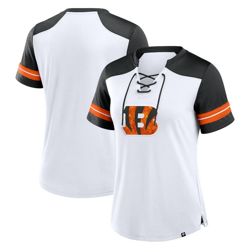 Cincinnati Bengals Women's Foiled Primary Lace-Up T-Shirt White/Black - Fanatics
