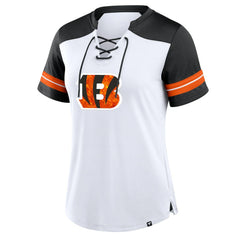 Cincinnati Bengals Women's Foiled Primary Lace-Up T-Shirt White/Black - Fanatics
