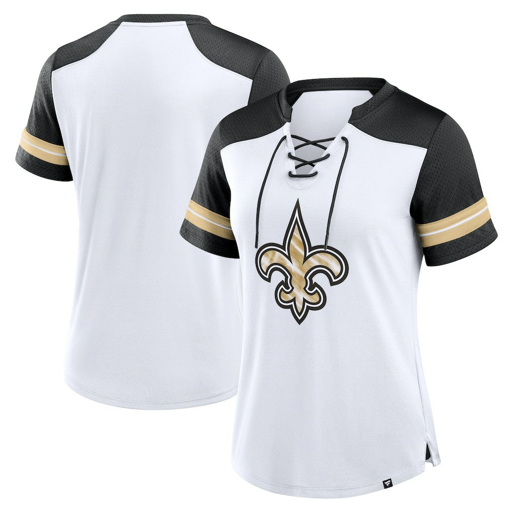 New Orleans Saints Women's Foiled Primary Lace-Up T-Shirt White/Black - Fanatics