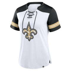 New Orleans Saints Women's Foiled Primary Lace-Up T-Shirt White/Black - Fanatics