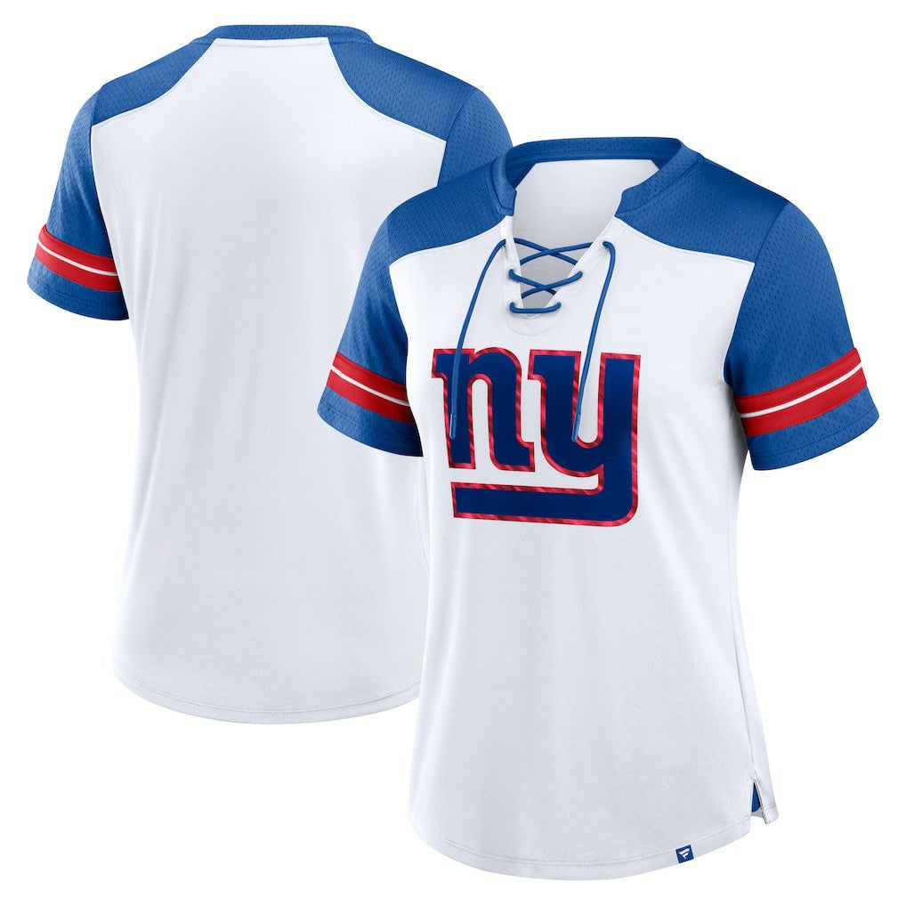 New York Giants Women's Foiled Primary Lace-Up T-Shirt White/Royal - Fanatics