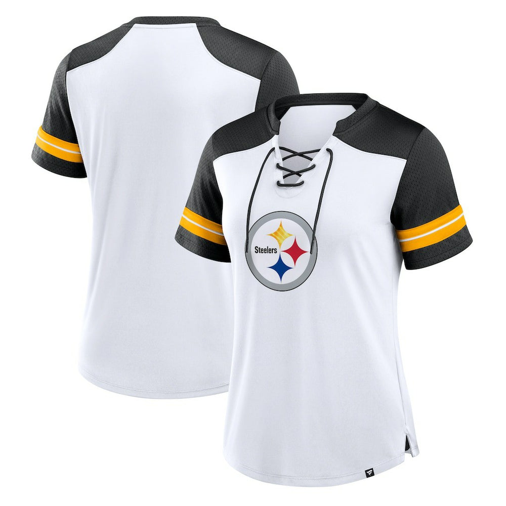 Pittsburgh Steelers Women's Foiled Primary Lace-Up T-Shirt White/Black - Fanatics