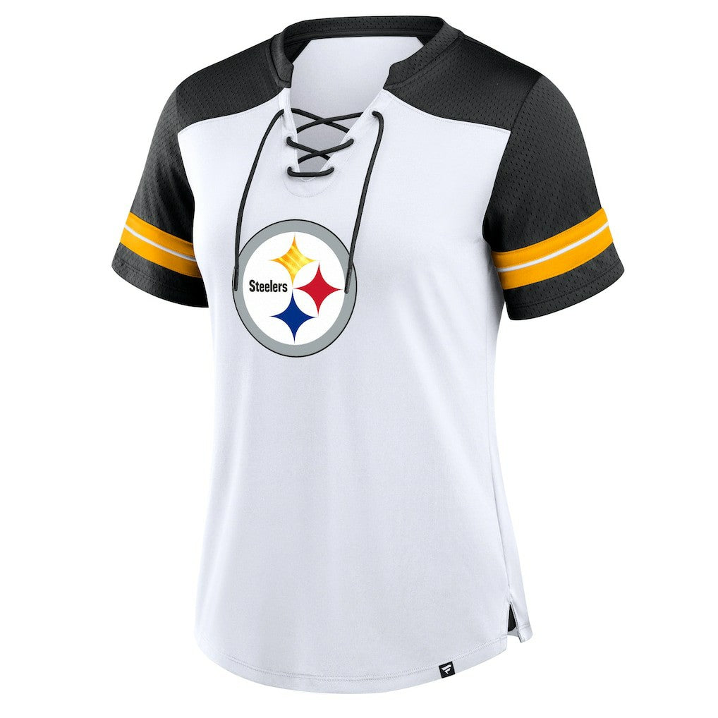Pittsburgh Steelers Women's Foiled Primary Lace-Up T-Shirt White/Black - Fanatics
