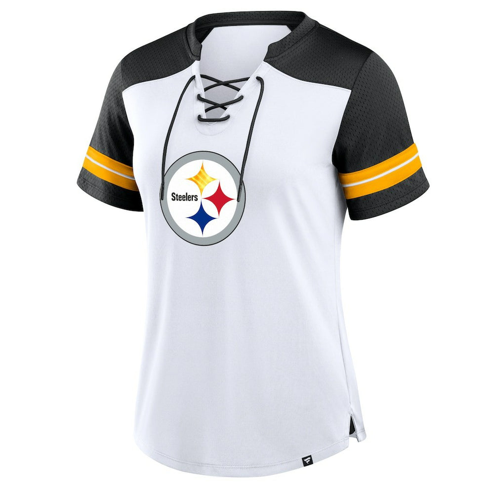 Pittsburgh Steelers Women's Foiled Primary Lace-Up T-Shirt White/Black - Fanatics
