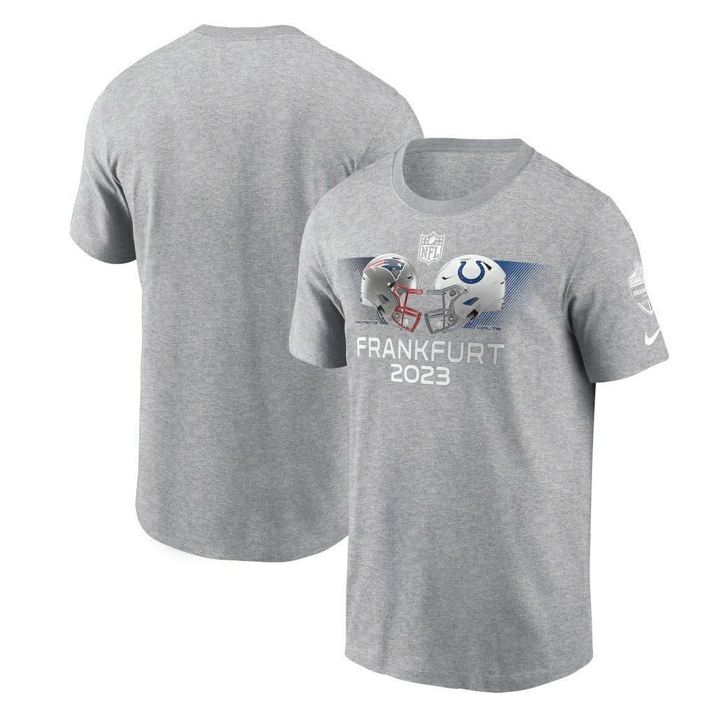 New England Patriots vs. Indianapolis Colts 2023 Frankfurt Game Essential T-Shirt Heather Gray - Nike