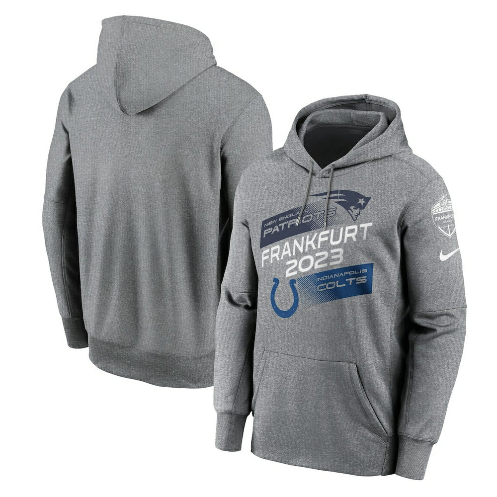 New England Patriots vs. Indianapolis Colts 2023 Frankfurt Game Pullover Hoodie Heather Charcoal - Nike