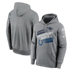 New England Patriots vs. Indianapolis Colts 2023 Frankfurt Game Pullover Hoodie Heather Charcoal - Nike