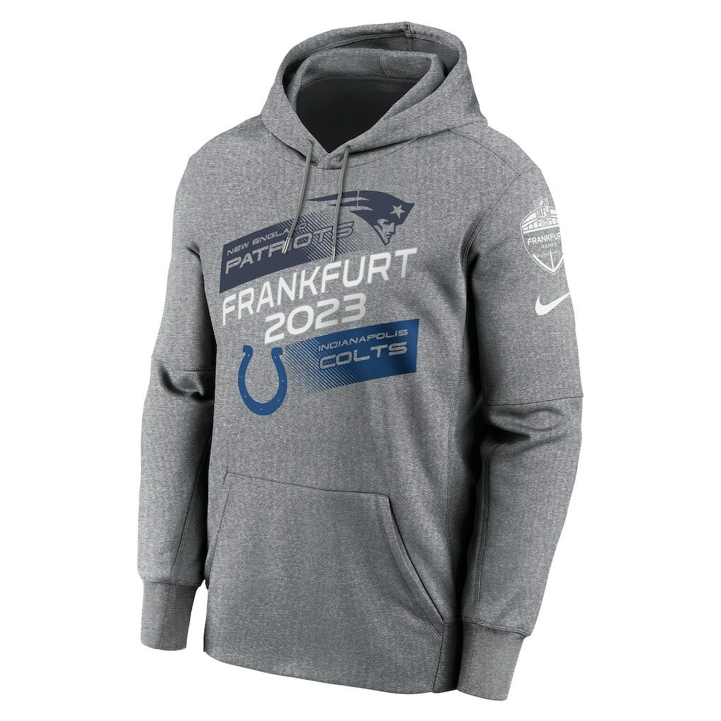 New England Patriots vs. Indianapolis Colts 2023 Frankfurt Game Pullover Hoodie Heather Charcoal - Nike