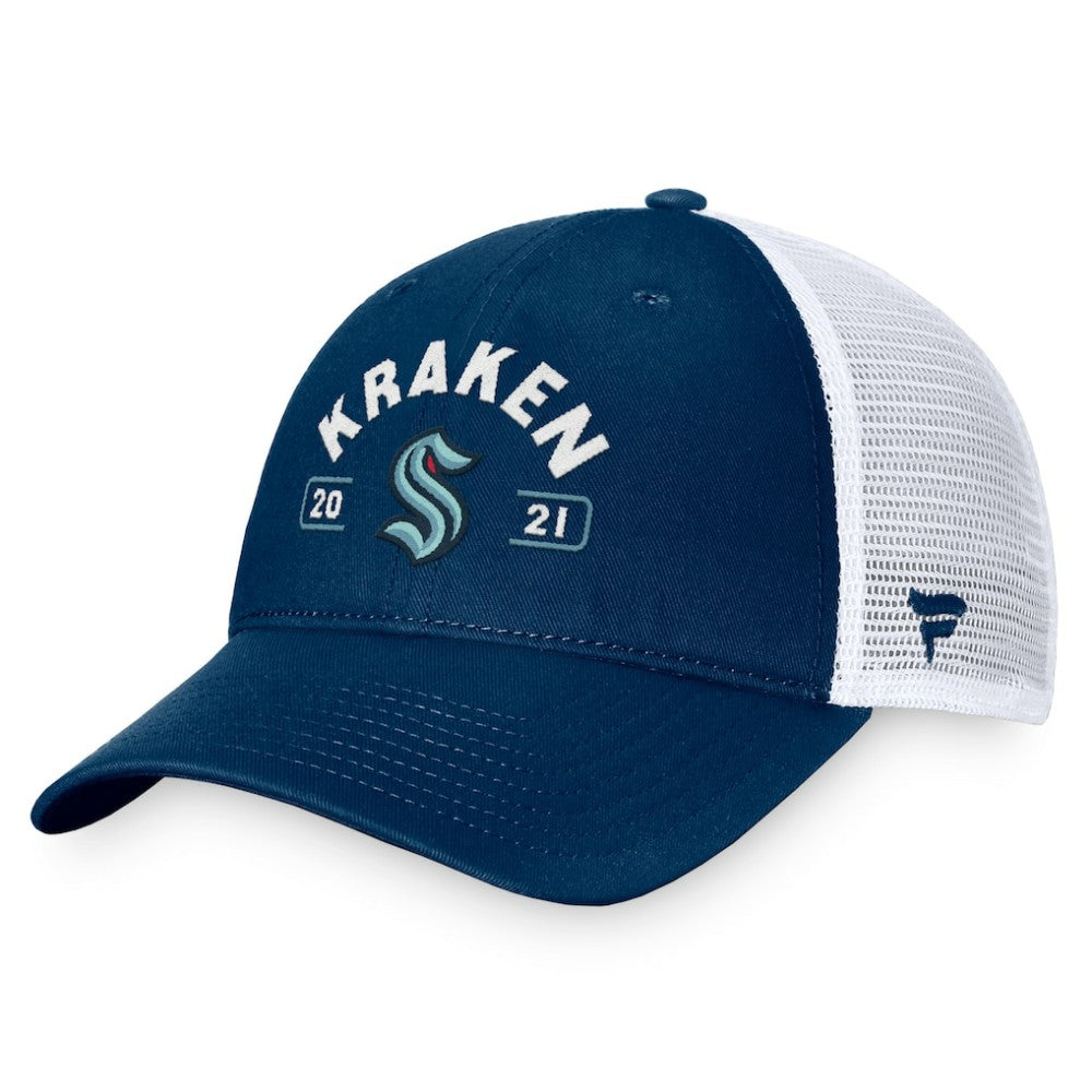 Seattle Kraken Fanatics Free Kick Trucker Adjustable Hat Deep Sea Blue/White