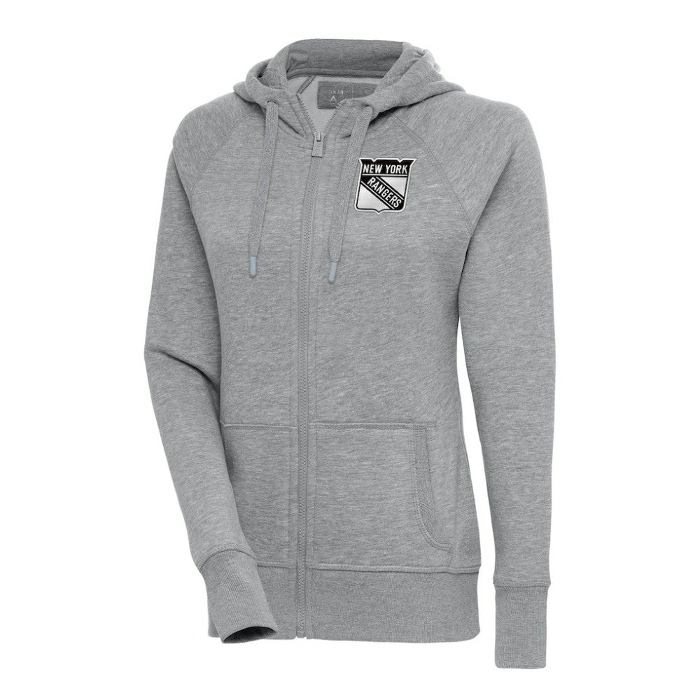 New York Rangers Antigua Women's Metallic Logo Victory Full-Zip Hoodie Heather Gray