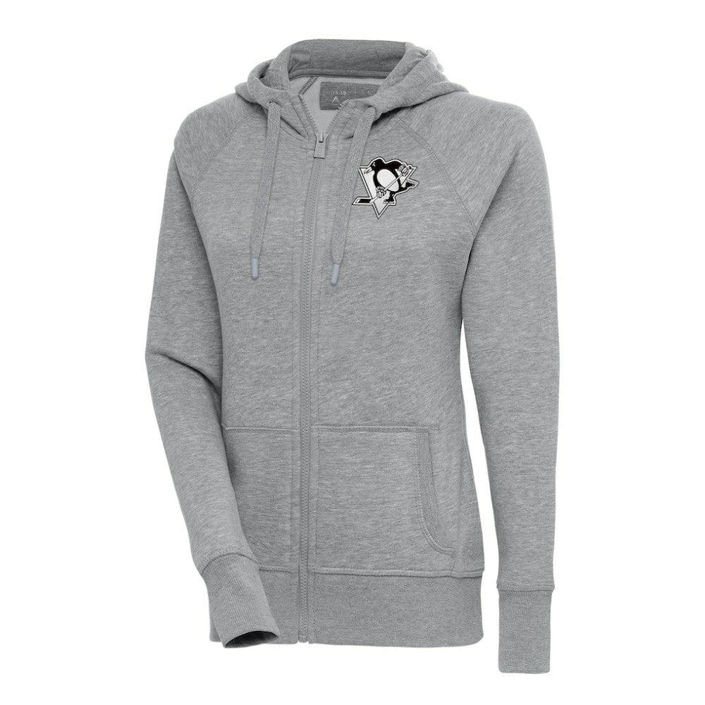 Pittsburgh Penguins Antigua Women's Metallic Logo Victory Full-Zip Hoodie Heather Gray