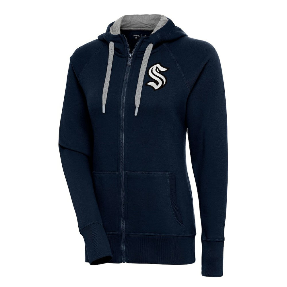 Seattle Kraken Antigua Women's Metallic Logo Victory Full-Zip Hoodie Deep Sea Blue