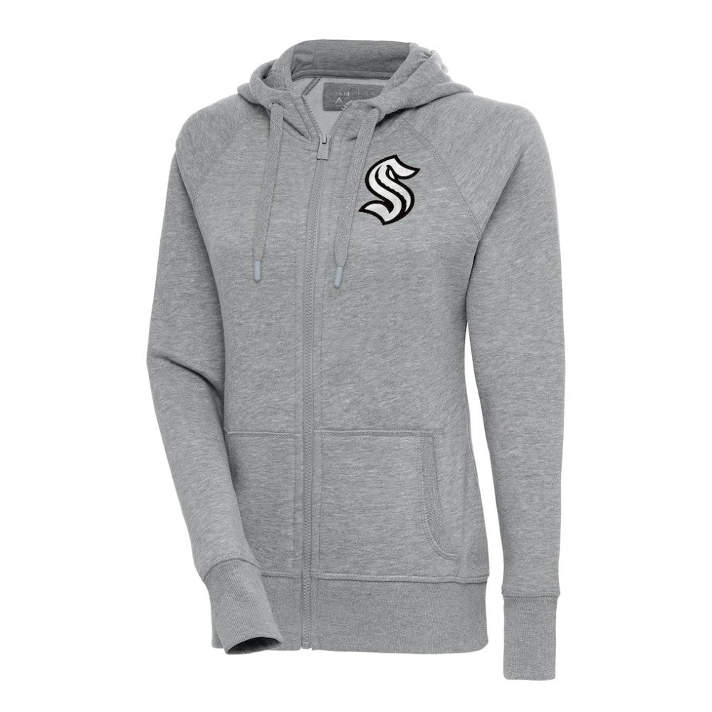 Seattle Kraken Antigua Women's Metallic Logo Victory Full-Zip Hoodie Heather Gray
