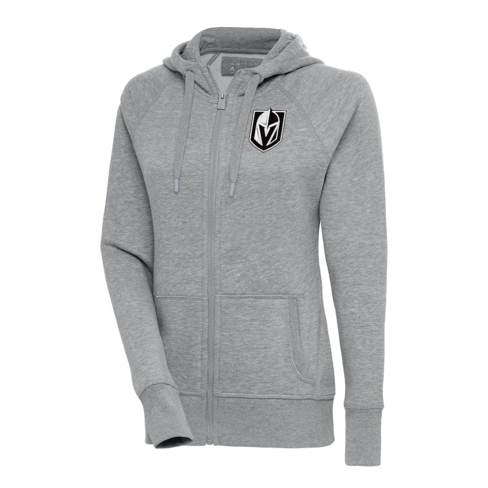 Vegas Golden Knights Antigua Women's Metallic Logo Victory Full-Zip Hoodie Heather Gray