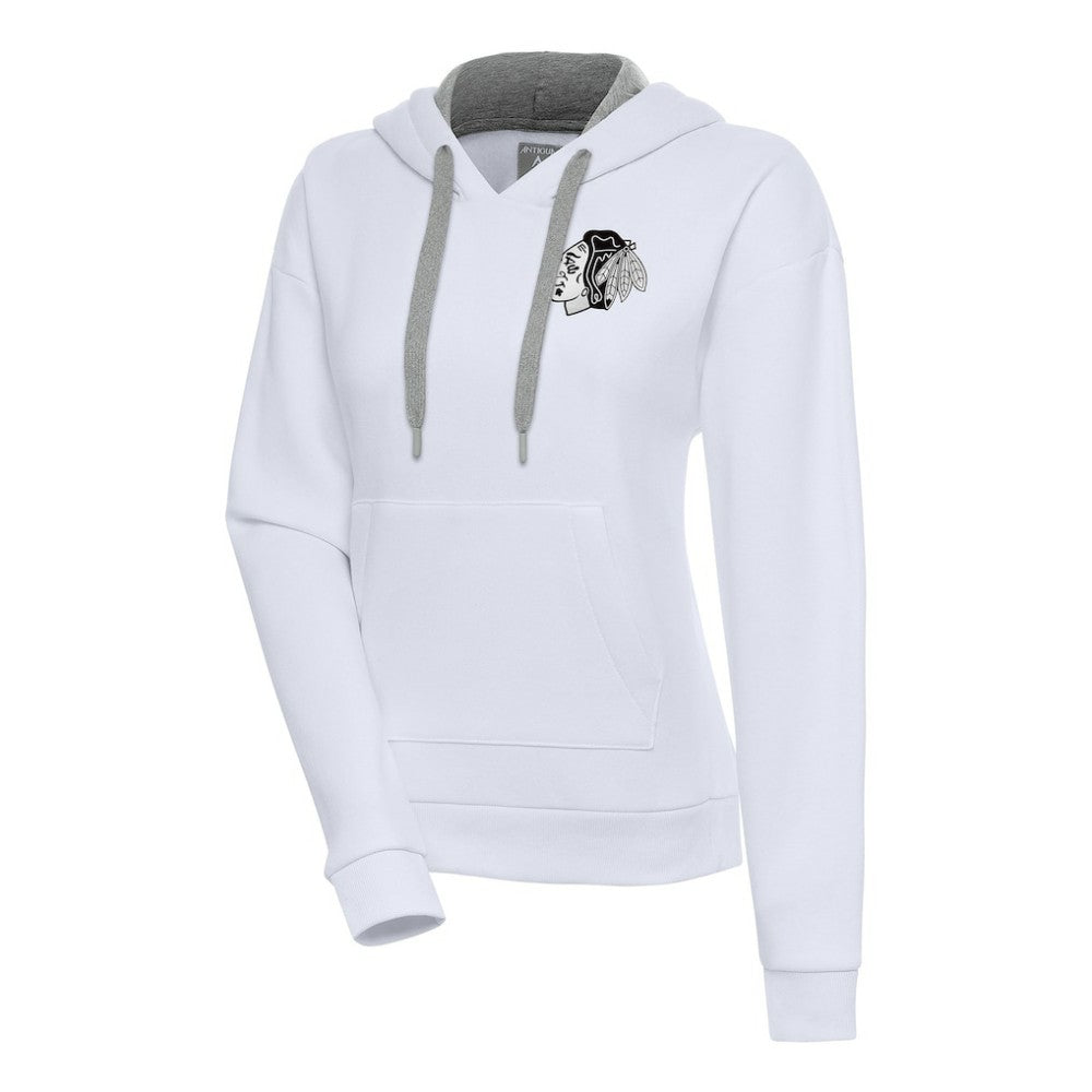 Chicago Blackhawks Antigua Women's Metallic Logo Victory Pullover Hoodie White