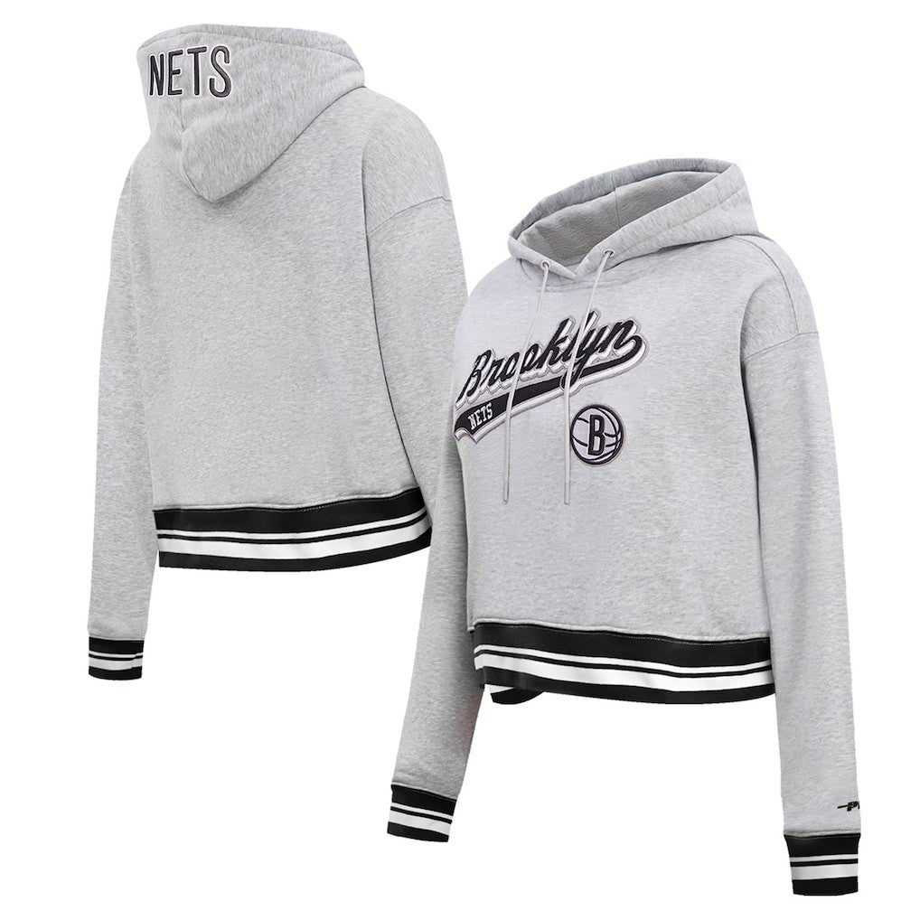 NBA - Brooklyn Nets Pro Standard Women's Script Tail Cropped Pullover Hoodie - Heather Gray