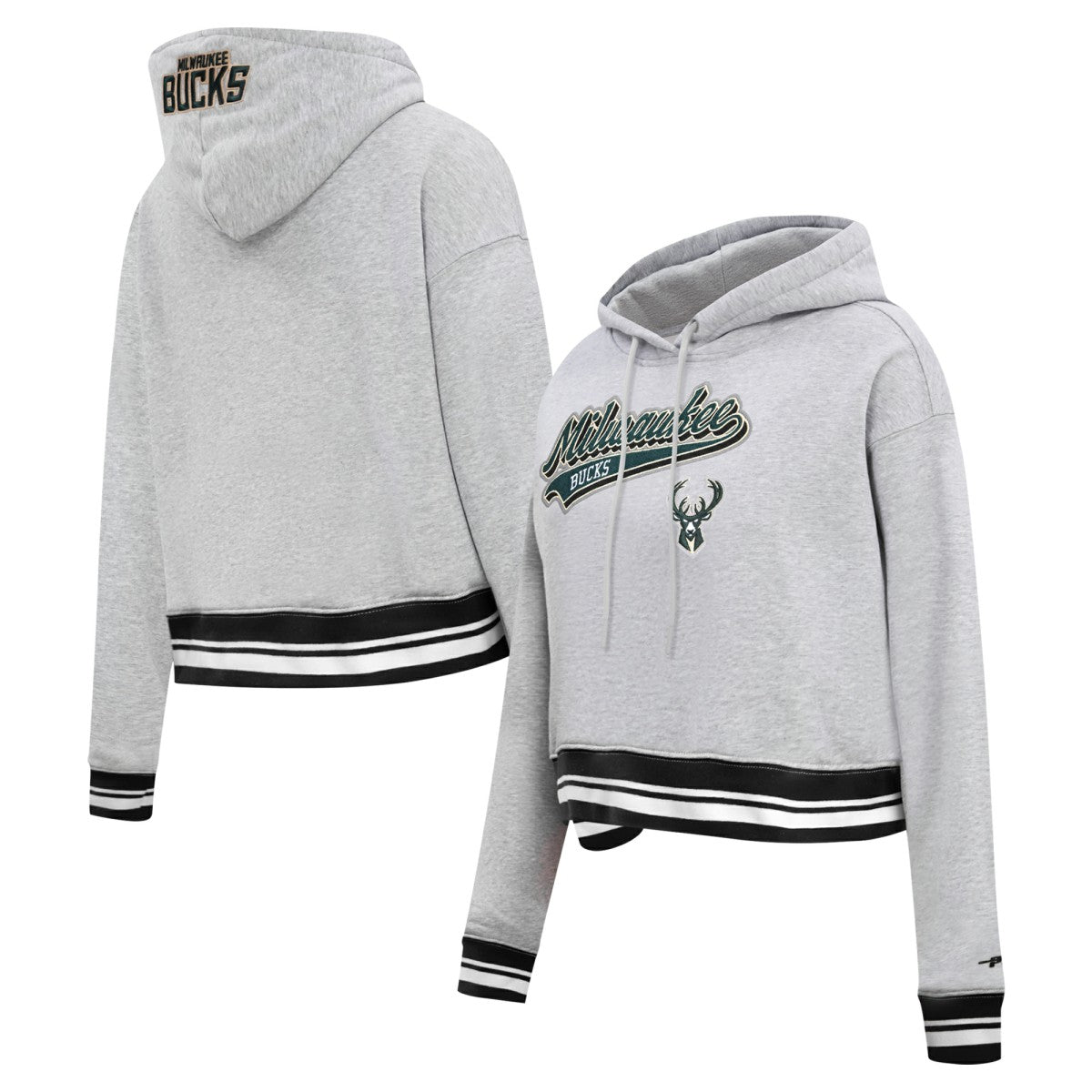 NBA - Milwaukee Bucks Pro Standard Women's Script Tail Cropped Pullover Hoodie - Heather Gray
