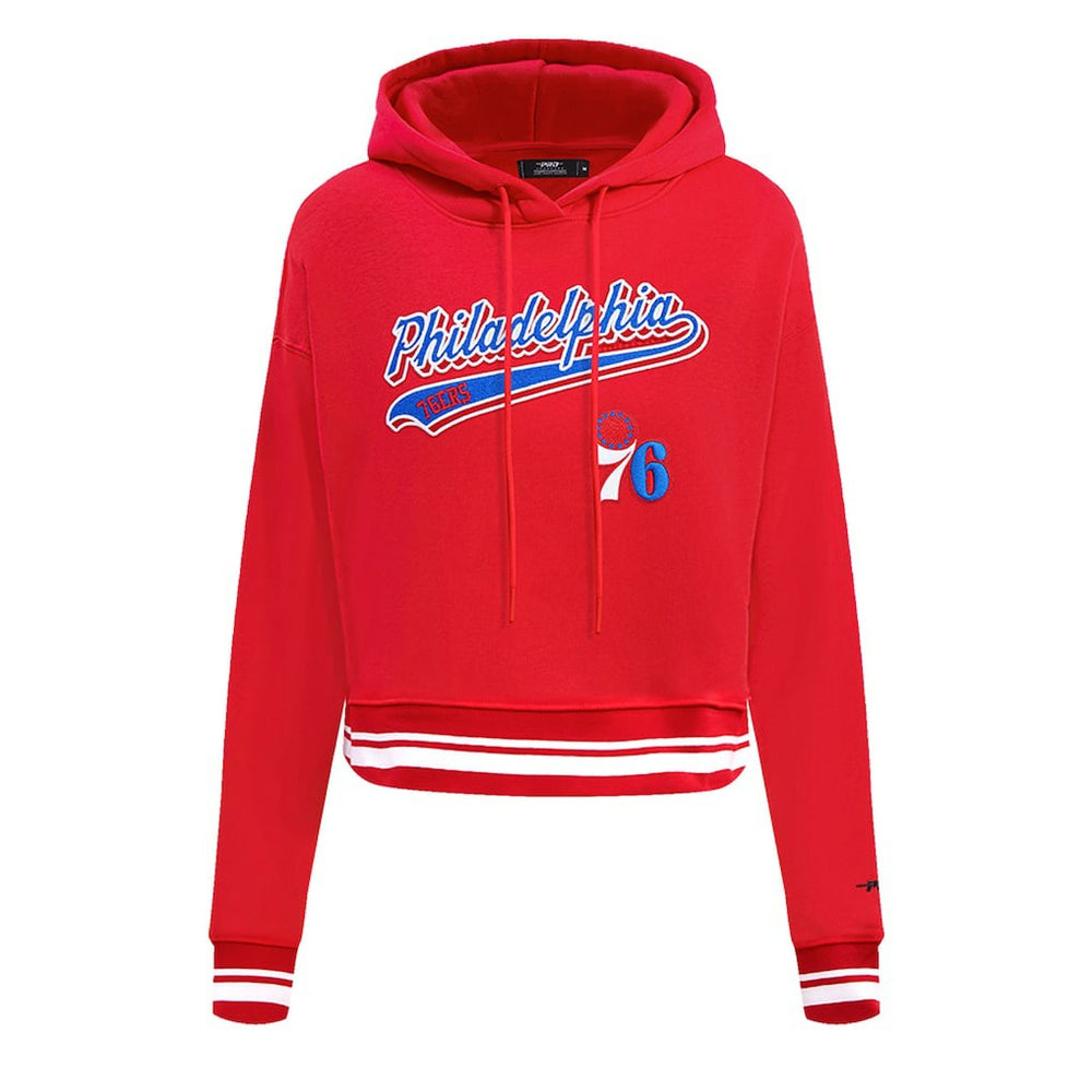 NBA - Philadelphia 76ers Pro Standard Women's Script Tail Cropped Pullover Hoodie - Red