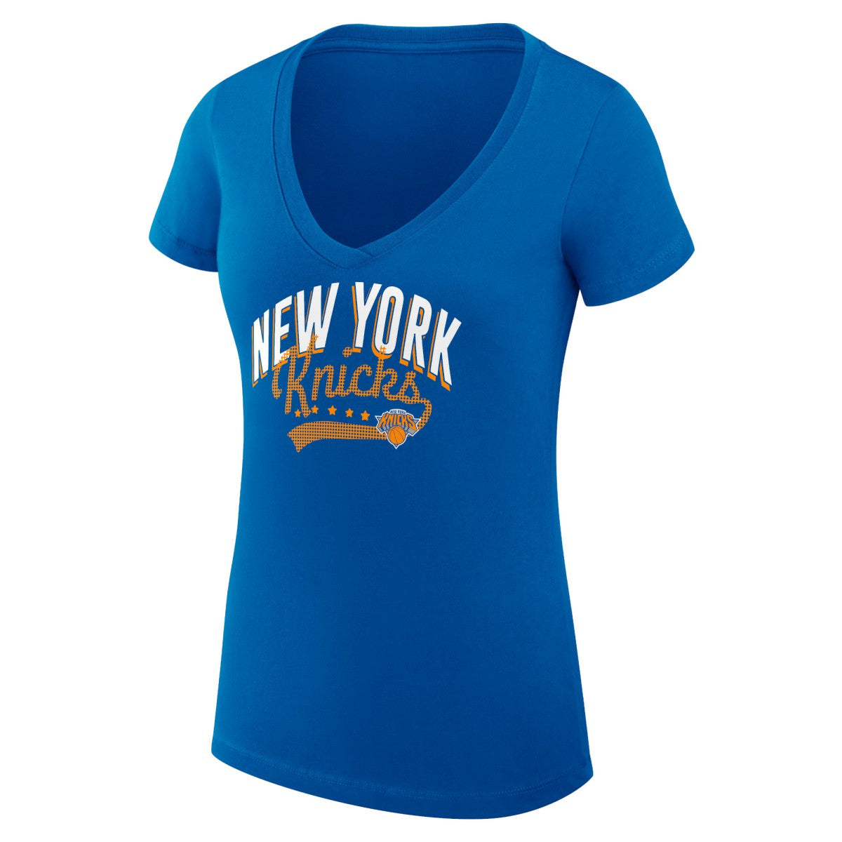 NBA - New York Knicks G-III 4Her by Carl Banks Women's Super-Slim Fit Lightweight Filigree Logo V-Neck T-Shirt - Blue