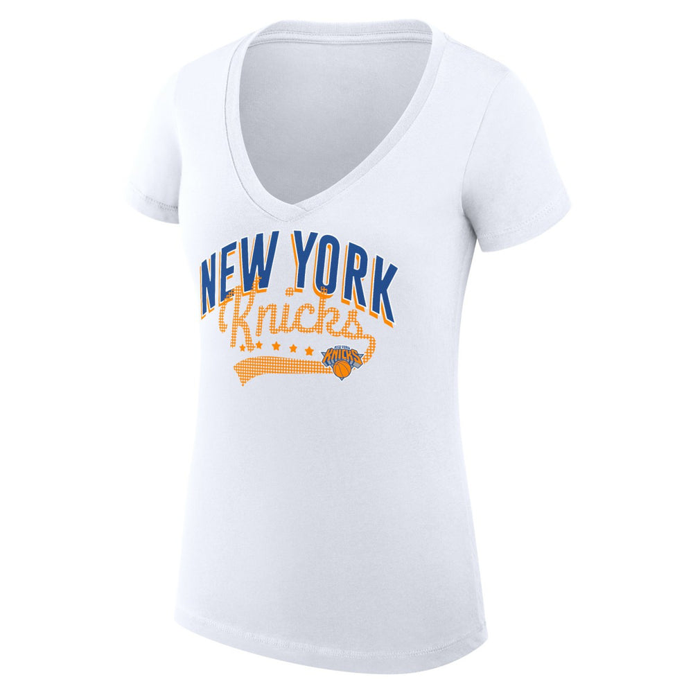 NBA - New York Knicks G-III 4Her by Carl Banks Women's Super-Slim Fit Lightweight Filigree Logo V-Neck T-Shirt - White