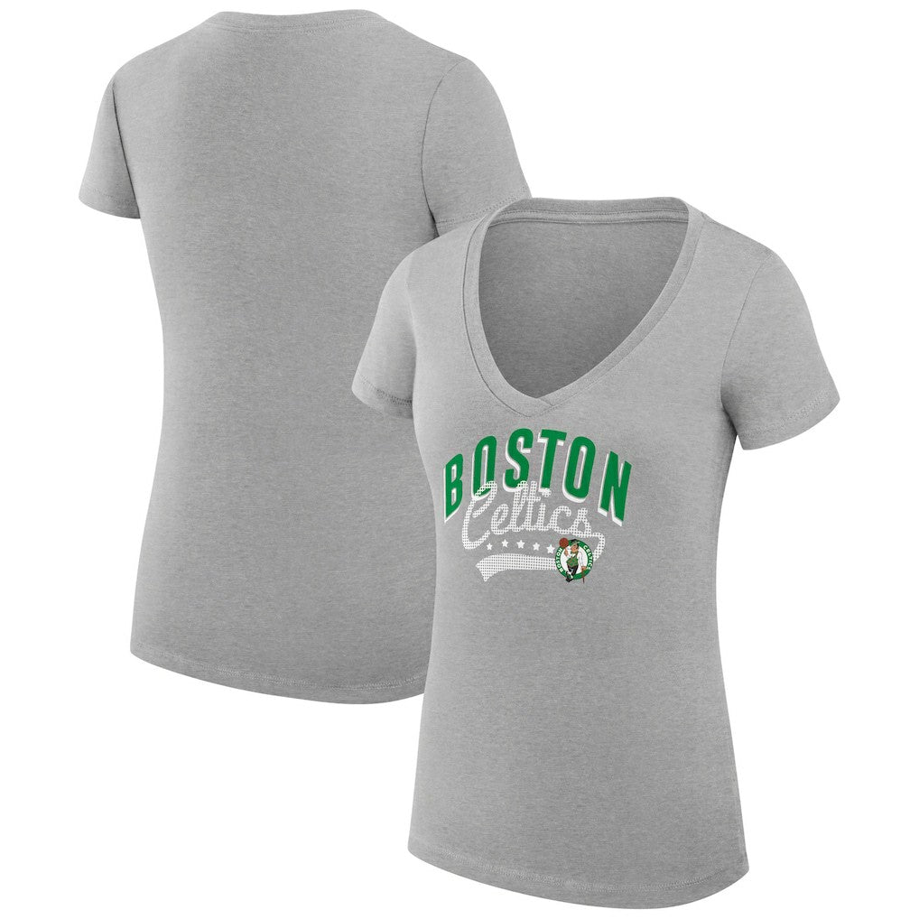 NBA - Boston Celtics G-III 4Her by Carl Banks Women's Super-Slim Fit Lightweight Filigree Logo V-Neck T-Shirt - Heather Gray