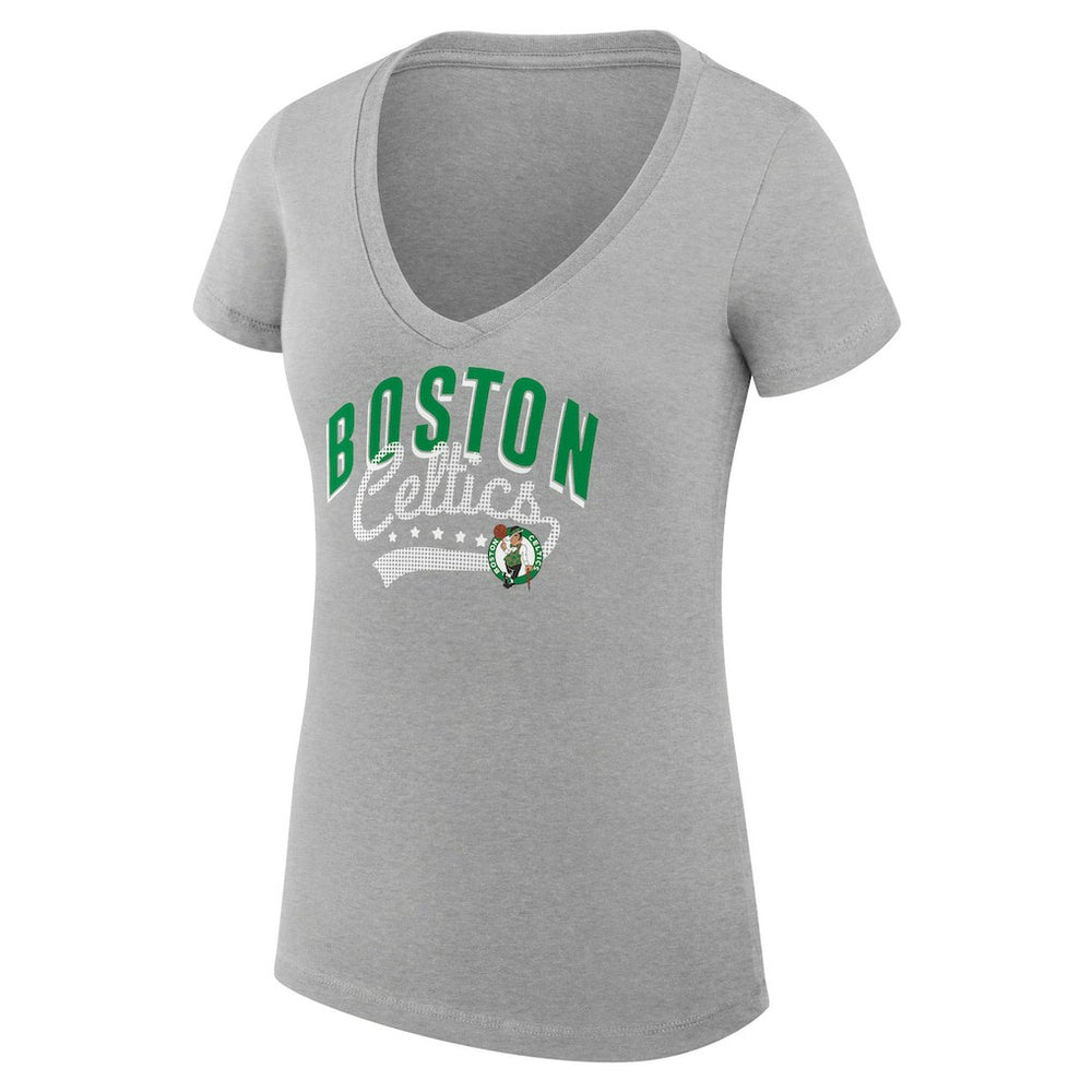 NBA - Boston Celtics G-III 4Her by Carl Banks Women's Super-Slim Fit Lightweight Filigree Logo V-Neck T-Shirt - Heather Gray