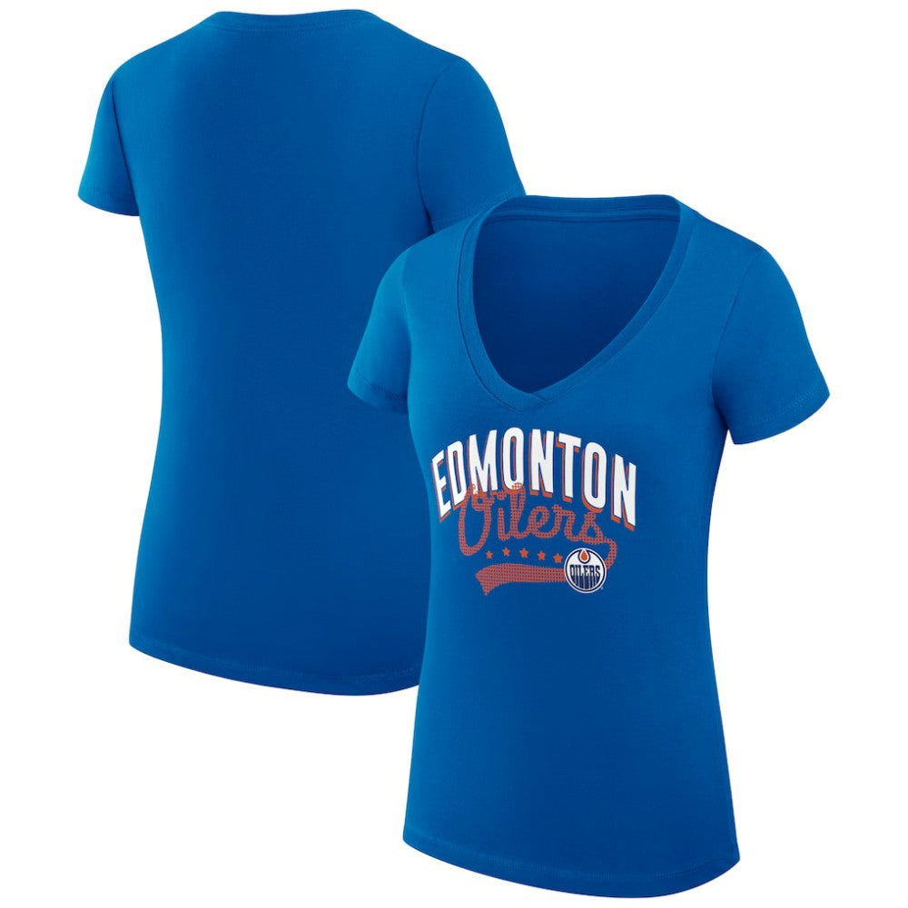 Edmonton Oilers - G-III 4Her by Carl Banks Women's Super-Slim Fit Lightweight Filigree Logo V-Neck T-Shirt – Royal
