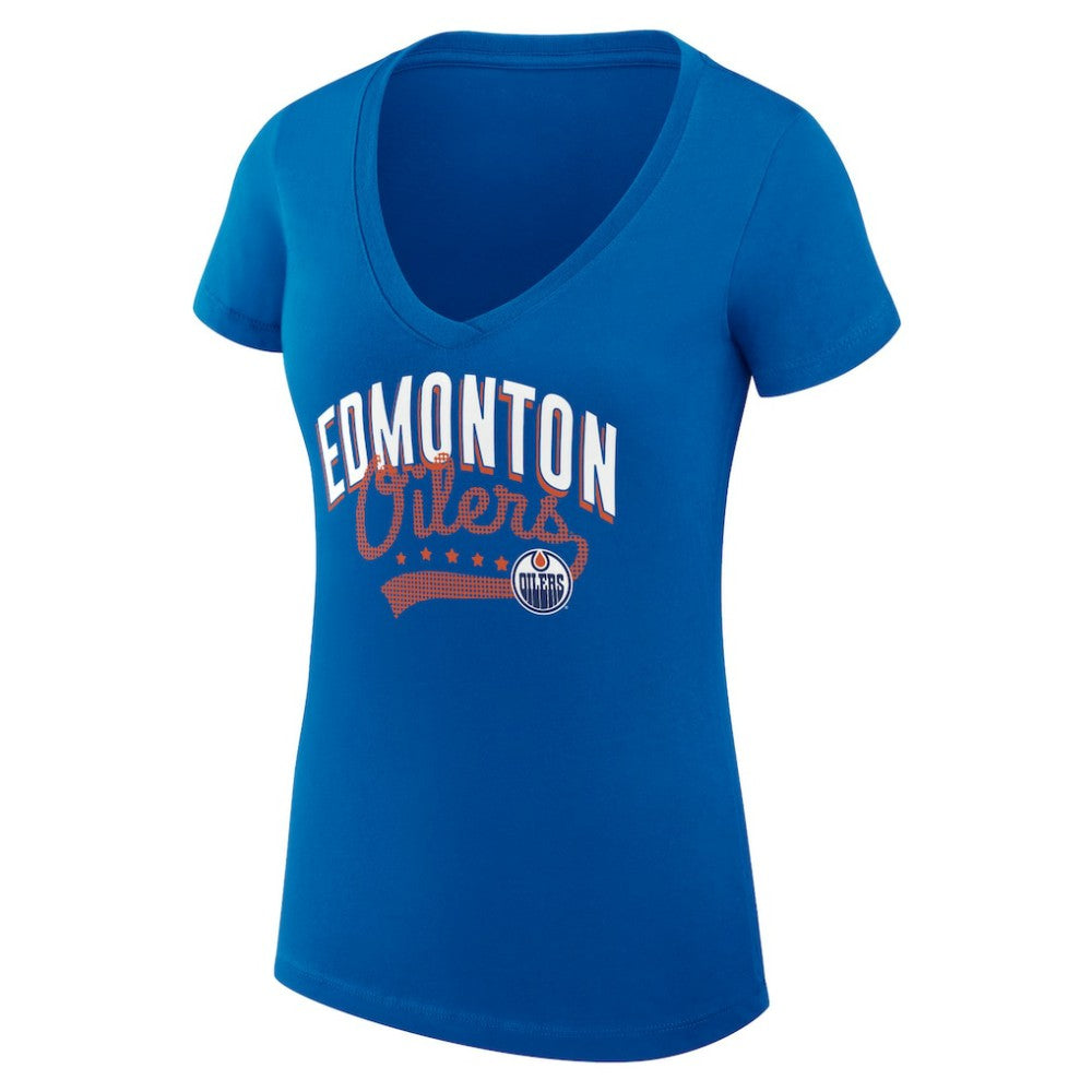 Edmonton Oilers - G-III 4Her by Carl Banks Women's Super-Slim Fit Lightweight Filigree Logo V-Neck T-Shirt – Royal