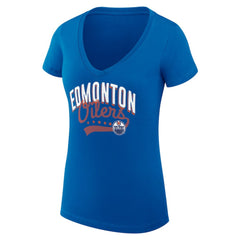 Edmonton Oilers - G-III 4Her by Carl Banks Women's Super-Slim Fit Lightweight Filigree Logo V-Neck T-Shirt – Royal