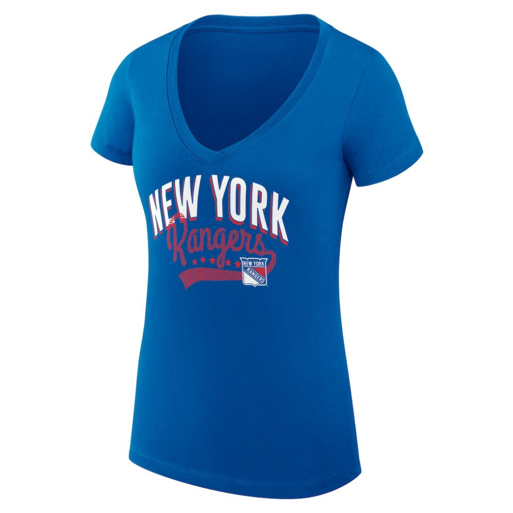 New York Rangers G-III 4Her by Carl Banks Women's Super-Slim Fit Lightweight Filigree Logo V-Neck T-Shirt – Blue