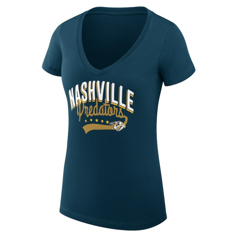 Nashville Predators - G-III 4Her by Carl Banks Women's Super-Slim Fit Lightweight Filigree Logo V-Neck T-Shirt – Navy