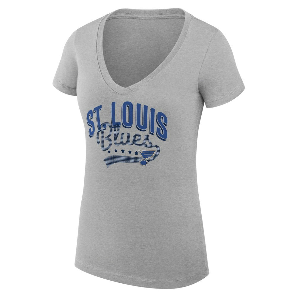 St. Louis Blues - G-III 4Her by Carl Banks Women's Super-Slim Fit Lightweight Filigree Logo V-Neck T-Shirt – Gray